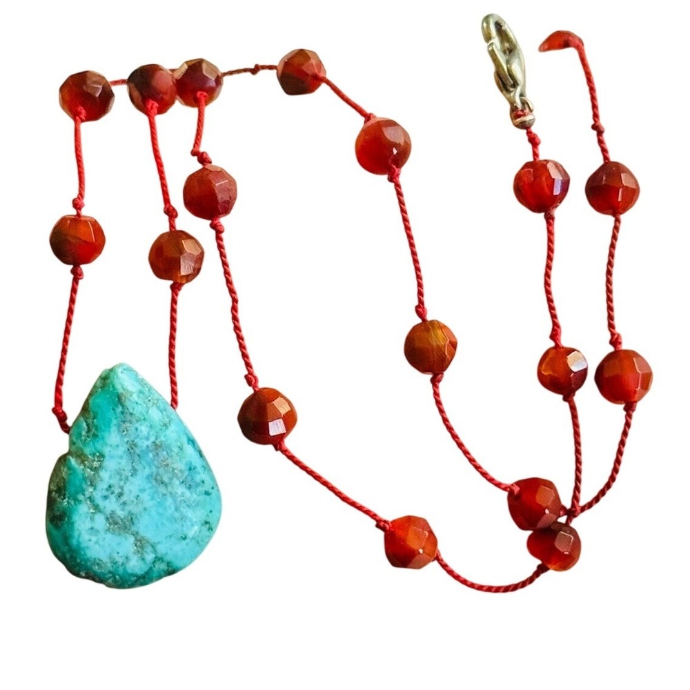 Necklace blue Turquoise carnelian Beads Medallion beaded BOHO Choker 19"L 90s